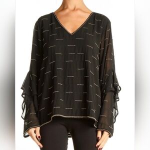 Michael Star Semi Sheer Black Beaded Blouse 3/4 Flared Tiered Sleeves M